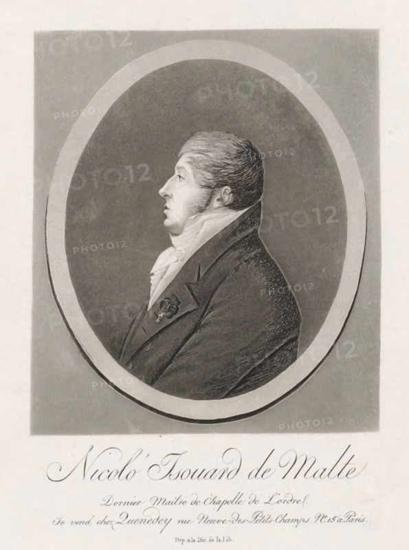 Portrait of Nicolas Isouard, print, : 'Dép. a la Dir. de la Lib.', publisher: Edme Quenedey, Paris, c. 1780 - c. 1830, printmaker, paper, aquatint, etching, aquatint and etching, height 249 mm x width 190 mm, Person, Nicolas Isouard, historical persons, portrait of composer, A grayscale portrait of a man shown in profile facing left within an oval frame, wearing a dark coat with a high collar and a light cravat around his neck, his hair is short and combed back with visible sideburns, his facial features include a prominent nose and closed lips, the oval is set against a darker rectangular background and the image has a textured, slightly grainy appearance.