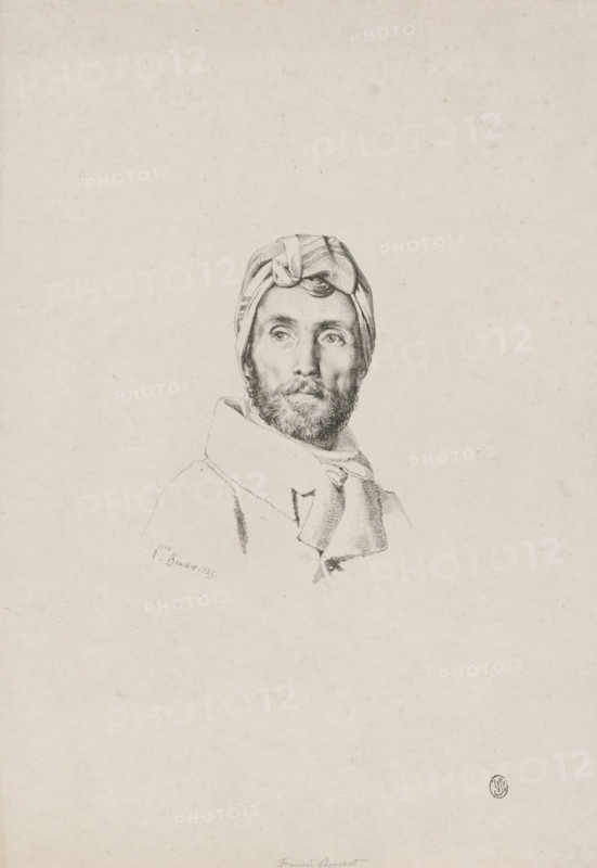 Portrait of the artist Pierre Narcisse Guérin, print, number: 'rfc 17315', number: '9-45', printmaker: François Bouchot, Paris, 1825, paper, lithography, height 318 mm x width 232 mm, Person, Pierre Narcisse Guérin, portrait, self-portrait of artist, A pencil portrait of a bearded man shown from the shoulders up, wearing a wrapped headscarf with folds and a knot at the front, his gaze directed slightly to the side; he has defined facial features with shaded cheeks and a trimmed beard, and he is dressed in a coat with a high collar and a loosely tied scarf around his neck, all rendered on a pale, textured background with faint paper speckling.