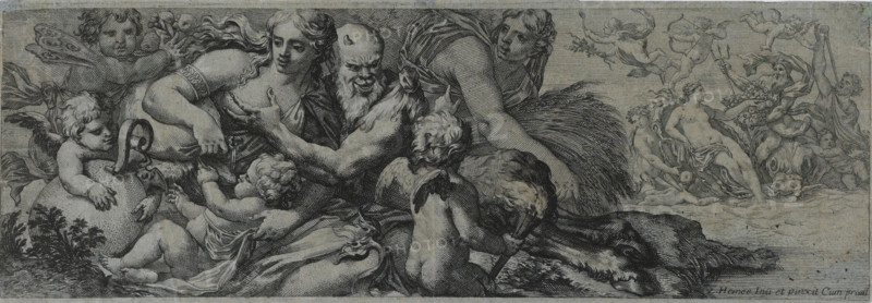 Faun with bacchante and putti, print, collector's mark: 'JJS', printmaker: attributed to Michel Dorigny, France, after design by Zacharie Heince, after painting by Zacharie Heince, grantor of privilege: French crown, 1626 - 1665, Michel Dorigny, Zacharie Heince, French crown, printmaker, after design by, after painting by, provider of privilege, Attributed to, paper, etching, etching on blue paper, height 129 mm, width 379 mm, cupids: 'amores', 'amoretti', 'putti', satyrs, fauns, Sileni, maenad(s), female bacchant(es), A wide horizontal engraving showing a group of mythological figures and putti clustered across a watery foreground, with a bearded older man at the center surrounded by reclining and leaning women and several winged infants; one cherub rests on a large rounded object on the left while others play with flowing drapery and garlands, a child with small wings holds a torch toward the right foreground, and a reclining female figure with long hair sits on the back of a large f...