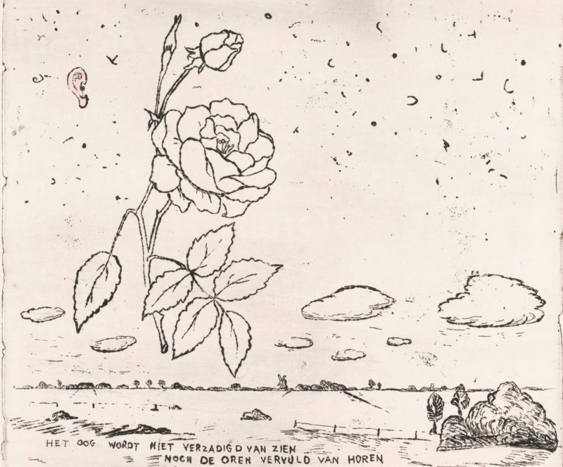 The eye is not saturated with seeing, nor the ears filled with hearing, print, Representation of a landscape with a mill in the background, a rose and an ear in the upper left., signature: 'p. holstein', inscription: 'THE EYE IS NOT SATISFYED WITH SEEING, NOR THE EARS FILLED WITH HEARING', inscription: '75, 150', printmaker: Pieter Holstein (signed by artist), c. 1960 - in or before 1971, paint (coating), watercolor (paint), materials by function, paper, ink, gouache (paint), etching, drypoint, intaglio printmaking technique, drypoint and plate tone with hand color, height 249 mm x width 293 mm, height 497 mm x width 647 mm, landscapes, flowers: rose, ears, A large hand-drawn rose with a bud on a slender stem dominates the left side, its layered petals and central stamens outlined in dark ink, accompanied by detailed serrated leaves and a secondary bud above; floating cloud-like shapes are scattered across the middle area, and a tiny stylized ear colored pale pink appears near the uppe...