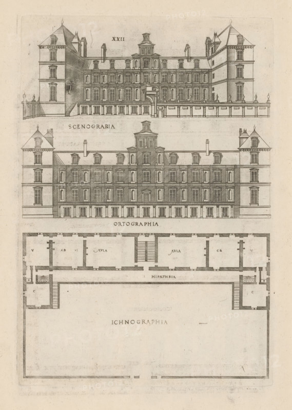 Front and rear facade and floor plan, ornament print, Front and rear facade and floor plan. View and plan of architecture. Numbered: XXII. Part of 'De architectura Iacobi Androuetii du Cerceau' (1559): 69 etchings with 171 representations of architecture and ornamentation., printmaker: Jacques Androuet, Paris, 1559, printer (person), paper, etching, ets, height 270 mm x width 190 mm, height 410 mm x width 275 mm, facade (or house or building), plan, architecture, A vertically oriented architectural engraving showing two detailed front elevations of a multi-story building with symmetrical façades, steeply pitched roofs, dormer windows, chimneys, and corner pavilions, each elevation featuring rows of regularly spaced rectangular windows and decorative cornices; between the elevations is a horizontal band with a centralized taller pavilion element; below the elevations is a floor plan with interior rooms, staircases, and corridors depicted by thickened walls and hatch shading, all rendere...