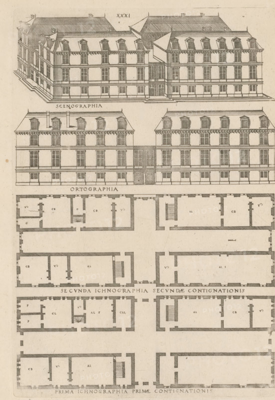 Bird's-eye view, facade and floor plans, ornament print, Building in a bird's-eye perspective, facade and two floor plans. View and plan of architecture. Numbered: XXXI. Part of 'De architectura Iacobi Androuetii du Cerceau' (1559): 69 etchings with 171 representations of architecture and ornamentation., printmaker: Jacques Androuet, Paris, 1559, printer (person), paper, etching, ets, height 270 mm x width 190 mm, height 410 mm x width 275 mm, architectural design or model, facade (or house or building), section, A sepia-toned architectural engraving showing two elevation views of a multi-story classical building with a pitched roof and dormer windows, followed below by detailed floorplans with thick exterior walls and internal partitions, staircases, and small labeled rooms. The top elevation displays a perspective view of the building's facades, cornices, evenly spaced rectangular windows, and a central recessed entrance area flanked by wings. Below that, a frontal elevation shows sy...