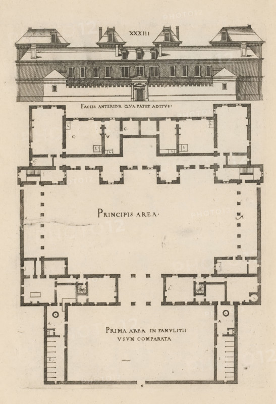 Front facade and floor plan, ornament print, Front facade and floor plan. View and plan of architecture. Numbered: XXXIII. Part of 'De architectura Iacobi Androuetii du Cerceau' (1559): 69 etchings with 171 representations of architecture and ornamentation., printmaker: Jacques Androuet, Paris, 1559, printer (person), paper, etching, ets, height 270 mm x width 190 mm, height 410 mm x width 275 mm, facade (or house or building), plan, architecture, An architectural drawing shows the facade of a multi-story building with a central entrance topped by a small pediment and flanked by rows of rectangular windows and roof dormers, above a detailed floor plan with thick exterior walls, internal partitioned rooms, corridors, staircases, and a large central open courtyard framed by colonnade-like square markings; the sheet has a uniform aged paper tone and fine ink hatching used for shading and texture.
