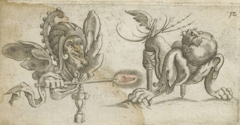 Two grotesques, print, album page, Series number, 12, Two grotesques. The one on the left with helmet, wings, and burning torch. The second monster is making a little bridge backwards. He has arms like lion's paws and two wooden legs. A cricket-like figure sits on his knee. Numbered top right: 12., inscription: '24', 1576 - 1650, printmaker, paper, engraving, paste, pasted on album page, height 78 mm x width 146 mm, ornament, grotesque, A detailed ink drawing on aged paper shows a grotesque winged figure on the left with a bearded, smiling face framed by layered, petal-like shapes and a tall ornate headpiece with rounded knobs; the figure’s hands extend forward holding a long rod tipped with a glowing, radiating flame. On the right a contorted creature with a human-like head thrown back and a bearded chin rests on elongated, winged limbs and paw-like feet supported on peg-like posts; a delicate insect with long antennae and winged appendages hovers near the creature’s raised hand. The ...