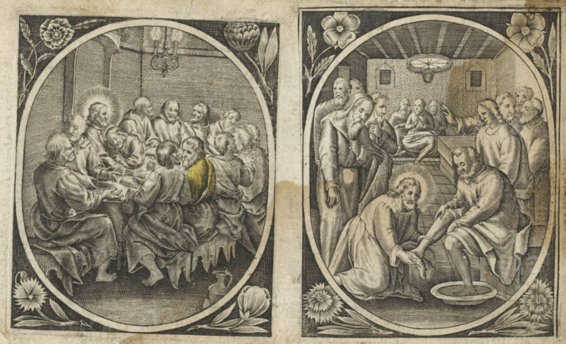 Last Supper, Passion of Christ, print, album page, Christ and his disciples around a table. Christ sits in the middle and John leans against him. Oval within a rectangular frame, a flower in each corner., inscription: '87', after print by Hieronymus Wierix, publisher: N. de Macli (possibly), 1576 - 1650, Hieronymus Wierix, printmaker, after print by, paper, engraving, paste, pasted on album page, height 80 mm x width 67 mm, Last Supper (in general) (Matthew 26:21-35, Mark 14:18-31, Luke 22:3, 22:15-23, John 13:21-38), An engraved double panel shows oval scenes framed with floral corners and a rectangular border. The left oval depicts a group of men seated closely around a table in an interior with a chandelier overhead; one man has a radiant halo behind his head and others lean toward each other with varied expressions and postures as hands reach across the table and a small vessel sits on the floor near the bench. The right oval shows an interior where a man with a radiant halo kneels...