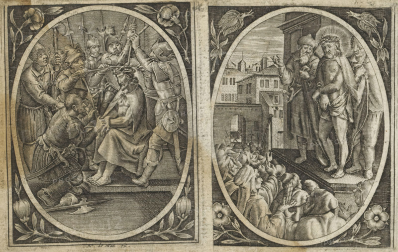 Christ shown to the people, Passion of Christ, print, album page, Pontius Pilate shows the handcuffed Christ to the Jewish people after his scourging. The people cry for his crucifixion. Oval within a rectangular frame, a flower in each corner., inscription: '88', after print by Hieronymus Wierix, publisher: N. de Macli (possibly), 1576 - 1650, Hieronymus Wierix, printmaker, after print by, paper, engraving, pasting, pasted on album page, height 86 mm x width 68 mm, Pilate showing Christ to the people, 'Ostentatio Christi', 'Ecce Homo' (John 19:4-6), A detailed black and white engraving divided into two adjacent oval scenes within a rectangular frame, each oval bordered by floral motifs. In the left oval a seated bearded man wearing a cloak and simple garment is surrounded by armored soldiers and men in varied headgear; one soldier kneels before him while others stand, some grasping poles or spears, and one appears to press an object against the seated man’s head. The figures show text...