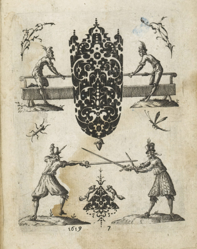 Black ornaments in the shape of a pendant and a triangle, Black ornaments, print, album page, ornamental print, Series number, 7, Two black ornaments in the shape of a pendant and a triangle. Along with them two men at a planing bench (?), two swordsmen, two insects and two squirrels. Numbered 7. in the center bottom, inscription: '66', printmaker: Jean Toutin, Châteaudun, 1619, paper, engraving, paste, pasted on album page, height 103 mm x width 79 mm, ornaments, art, fighting contest (sport), rodents: squirrel, A vertical page showing ink illustrations on aged paper with ornamental black designs and human figures; near the top center a large symmetrical ornamental motif with rounded and curving shapes sits above a small acorn-like pendant, flanked at left and right by decorative floral sprigs and two men leaning on a horizontal beam that rests on simple supports; below the central motif two combatants face each other in fencing stances, each holding a sword with crossed blades, weari...