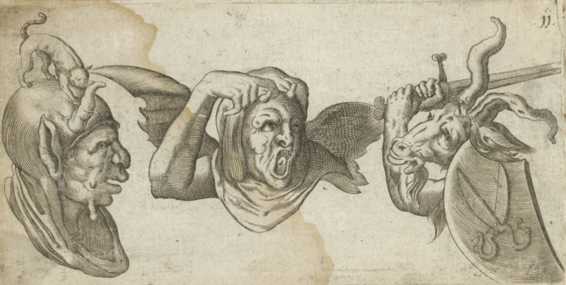 Two devilish figures and a goat with a sword, print, album page, Series number, 11, Two devilish figures and a goat. Both figures have horns. A cat sits on the head of the one on the left. The other has wings. The goat with a shield and a raised sword. Numbered top right: 11., inscription: '23', 1576 - 1650, printmaker, paper, engraving, paste, pasted on album page, height 78 mm x width 148 mm, goat, devil(s) and demons, ornament, grotesque, Three stylized heads face one another across a pale textured background, each rendered with fine engraved lines and shading. On the left is a grotesque humanoid face with exaggerated nose and chin, elongated ears, a rounded caplike headpiece, and a small catlike creature perched atop the headpiece. In the center is a contorted human face with wide open mouth and furrowed brow, hands pulling at a hood or drapery around the head, and a pair of winglike forms extending from the shoulders. On the right is an animallike head with curving twisted horns, ...