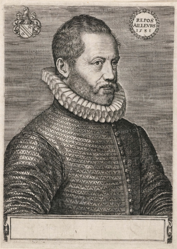 Portrait of Filips van Marnix van Sint-Aldegonde, print, One of three portraits mounted on an 18th-century(?) album page., printmaker: Johannes Wierix, 1581, paper, engraving, proof print, height 130 mm x width 94 mm, A black and white engraved portrait of a man shown from the chest up in three-quarter profile facing right, wearing a high ruffled collar and ornate patterned armor with a row of buttons down the front, his hair short and curly and his face framed by a close beard and mustache, a coat of arms with decorative mantling appears near the top left and a circular laurel-wreathed cartouche appears near the top right, the background consists of horizontal engraved lines and a blank rectangular cartouche occupies the lower portion of the image.