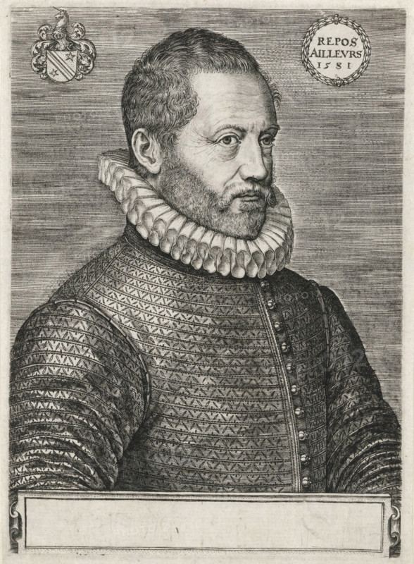 Jan van Gorp (Becanus), print, One of three portraits mounted on an 18th-century(?) album page., printmaker: Johannes Wierix, 1580, paper, engraving, height 248 mm x width 169 mm, Person, Johannes Goropius Becanus, historical persons, A black and white engraved portrait shows a man in a three-quarter view from the chest up wearing a textured doublet with patterned sleeves and a buttoned front, and a large pleated ruff collar; he has short, curly hair, a trimmed beard and mustache, and a composed facial expression with visible lines around the eyes; the background is filled with horizontal hatch lines and contains a decorative roundel and an ornate heraldic shield near the top corners, with an empty rectangular cartouche along the bottom.