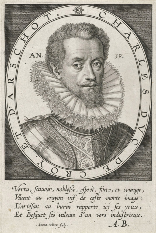 Portrait of Charles de Croy, Duke of Aarschot, print, One of three portraits mounted on an 18th-century(?) album page., printmaker: Antonie Wierix (II), 1599, paper, engraving, gravure, height 248 mm x width 169 mm, Person, Karel III van Croÿ (Duke of Aarschot), historical persons, A finely detailed black and white engraved portrait shows a man from the chest up inside an oval frame, wearing an elaborate pleated ruff collar and richly patterned armor with decorative etching; he has wavy hair, a trimmed mustache and beard, and a composed facial expression with eyes looking slightly to one side, set against a shaded background with crosshatching and an outer border surrounding the oval.