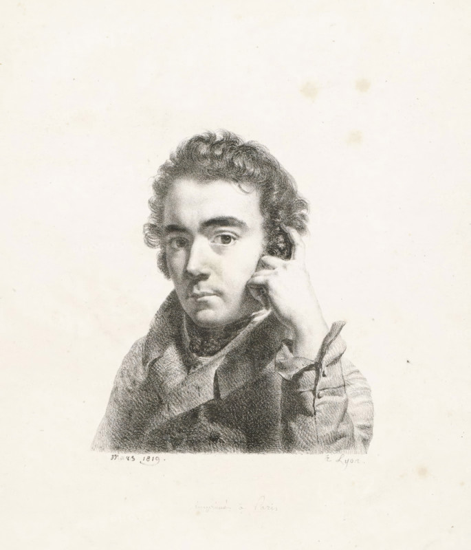 Self-portrait, print, number: '02', annotation: 'imprimé à Paris', printmaker: Jean-Baptiste Chometon, Lyon, Paris, 1819, printer (person), paper, lithography, height 321 mm x width 253 mm, Person, portrait, self-portrait of graphic artist, A monochrome portrait of a man shown from the chest up against a pale background, with curly hair, dark eyebrows, and a neutral facial expression, his head slightly tilted and one hand resting near his cheek, wearing a high-collared coat and a scarf or cravat, rendered with fine shading and textured pencil or charcoal strokes.