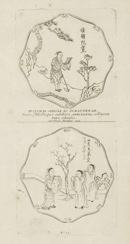 Ni K'uan of the Han Dynasty, T'ien Chên and his two brothers, Picturae Sinicae Ac Surattenae, Vasis Tabellisque exhibitae, Admiranda, colligente Petro Schenkio cum privil: Amstelaed: 1702, print, album page, ornamental print, title print, Series number, 1, 12, Center below the serial number 13. Print is part of an album., printmaker: Pieter Schenk (I), Amsterdam, after print by anonymous, 1702, after print by, paper, etching, height 268 mm x width 119 mm, Chinese, A vertical print with two framed scene panels separated by a horizontal divider, each panel enclosed by an ornate border. In the top panel a single figure stands on a rocky ledge holding a rectangular object and a long stick, wearing patterned clothing and footwear, with a stylized tree branch overhead and a small angular tree growing from the ground nearby. In the bottom panel three figures stand around a leafless tree on a paved surface, two of them wearing flowing robes with their hands partially raised and one wearing pat...