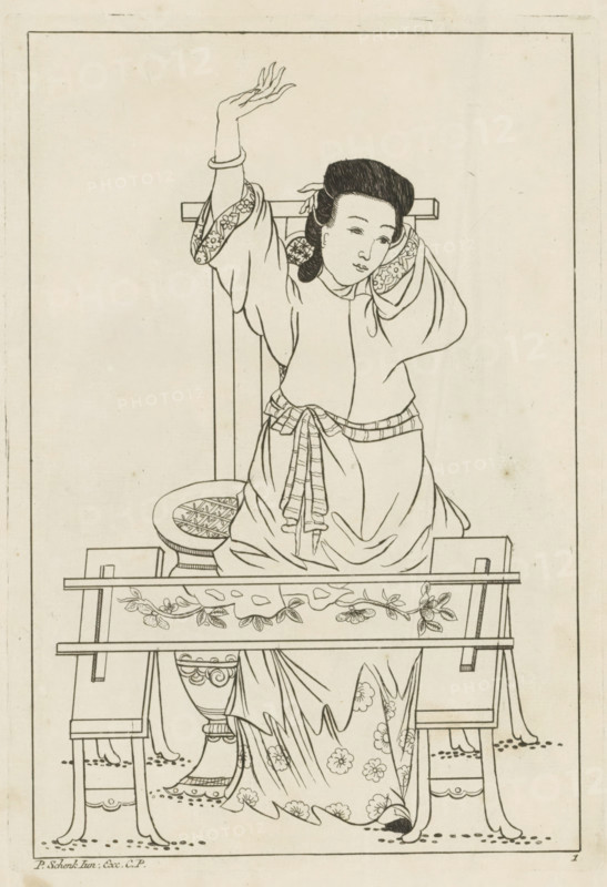Chinese woman behind an embroidery frame, Chinese women, flowers and birds, print, album page, ornamental print, Series number, 1, 12, Print is part of an album., printmaker: Pieter Schenk (II) (possibly), Amsterdam, after print by anonymous (possibly), 1727 - 1775, unknown, after print by, grantor of privilege, paper, etching, height 245 mm x width 170 mm, Chinese (costume), embroidering, textile industry, A line drawing of a seated woman wearing flowing patterned robes and a sash, shown from the knees up on a decorative bench; she has an ornate hairstyle and a calm facial expression, one arm raised above her head with fingers extended and the other bent with her hand near her ear, floral patterns appear on her sleeve cuffs and skirt, a round low table with a patterned top is beside her, and carved legs and a floral frieze decorate the bench and surrounding furniture, all enclosed within a simple rectangular border.