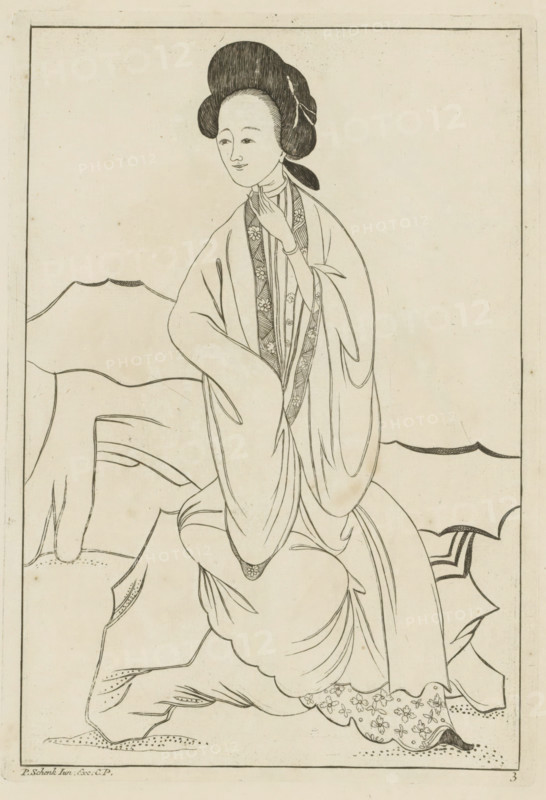 Chinese woman with her right hand in the sleeve of her kimono, Chinese women, flowers and birds, print, album page, ornamental print, Series number, 3, 12, Print is part of an album., printmaker: Pieter Schenk (II) (possibly), Amsterdam, after print by anonymous (possibly), 1727 - 1775, unknown, after print by, grantor of privilege, paper, etching, height 242 mm x width 169 mm, Chinese (women), A seated figure in traditional robes is shown in a linear ink drawing, with hair styled in a high, rounded arrangement and a hairpin visible, a calm facial expression, and one hand raised toward the throat while the other rests on the lap; the robes feature flowing sleeves and patterned inner panels, and the figure sits on layered, draped fabric and stylized rock forms within a rectangular border on a light background.