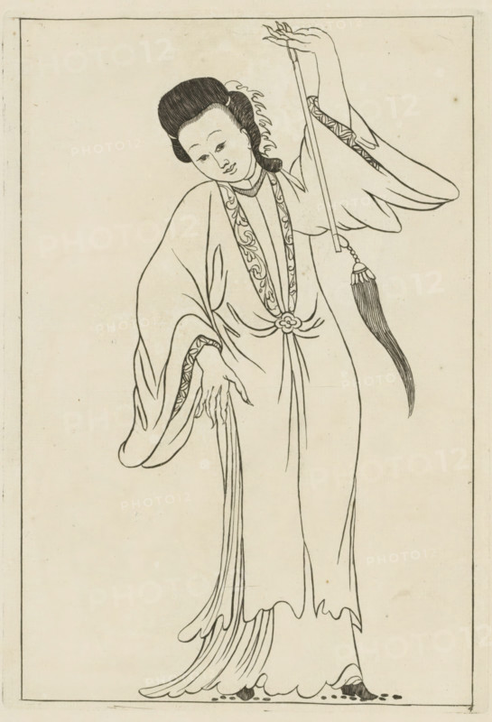 Standing Chinese woman with attribute in left hand, Chinese women, flowers and birds, print, album page, ornamental print, Series number, 4, 12, Print is part of an album., printmaker: Pieter Schenk (II) (possibly), Amsterdam, after print by anonymous (possibly), 1727 - 1775, after print by, paper, etching, height 245 mm x width 170 mm, Chinese (women), A monochrome line drawing of a standing figure in flowing robes framed by a thin rectangular border, showing a stylized face with hair swept up and decorative elements at the hairline, a graceful tilted head and delicate facial features, long wide sleeves with patterned trim and draping folds, a long sash tied at the waist with a floral knot, one arm raised holding a slender rod from which hangs a tassel-like ornament, the other arm lowered with elongated fingers and fabric strands cascading toward the floor, the robe falling in layered curved hems and revealing pointed shoes beneath, all rendered with fine black outlines on a light, sl...