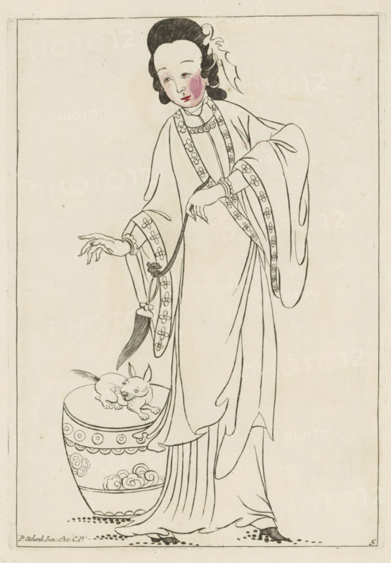 Standing Chinese woman in kimono with an animal, Chinese women, flowers and birds, print, album page, ornamental print, Series number, 5, 12, possibly a dog or rabbit. Print is part of an album., printmaker: Pieter Schenk (II) (possibly), Amsterdam, after print by anonymous (possibly), 1727 - 1775, unknown, after print by, grantor of privilege, paper, etching, hand coloring, etching hand-colored in red and pink, height 242 mm x width 170 mm, Chinese (women), A figure wearing a flowing robe with wide sleeves and floral trim stands with one hand extended and the other holding a cord attached to a tassel, the face shaded with blush and framed by dark hair adorned with a decorative ribbon; a small animal with pointed ears and a curled tail rests on a decorated round pedestal near the figure's feet, and the scene is rendered in delicate line work on a pale background.