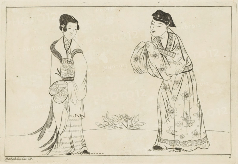 Chinese woman and man, Chinese women, flowers and birds, print, album page, ornamental print, Series number, 6, 12, Print is part of an album., printmaker: Pieter Schenk (II) (possibly), Amsterdam, after print by anonymous (possibly), 1727 - 1775, unknown, after print by, grantor of privilege, paper, etching, height 167 mm x width 244 mm, Chinese, fan, A monochrome ink drawing of two figures facing each other on a plain background framed by a thin border, one figure wearing a long patterned robe with floral and bird motifs and a dark cap, the other wearing layered garments with striped and floral panels and holding a round fan, both showing simple facial features and stylized hair, a large flower with leaves between them near the ground, and minimal ground lines beneath their feet.