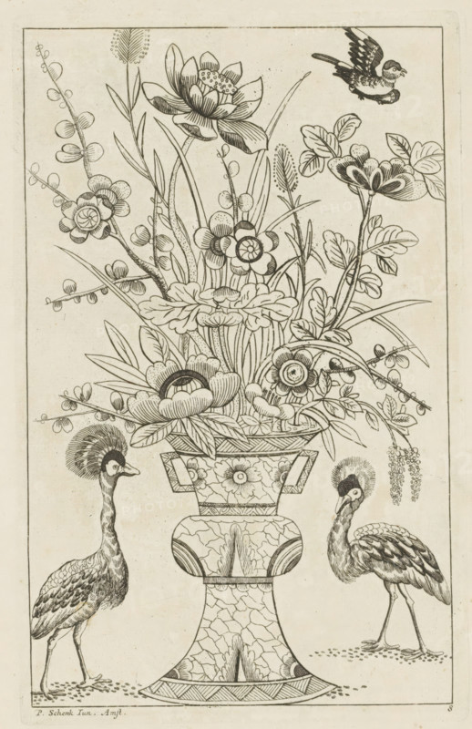 Flower vase flanked by birds, Chinese women, flowers and birds, print, album page, ornamental print, Series number, 8, 12, Print is part of an album., printmaker: Pieter Schenk (II) (possibly), Amsterdam, after print by anonymous (possibly), 1727 - 1775, after print by, paper, etching, height 255 mm x width 161 mm, birds, Chinese, flowers in a vase, A tall ornate vase filled with various stylized flowers and long leaves sits centered in the image, the vase decorated with floral and geometric patterns and a crackled texture. The floral arrangement includes large layered blossoms, round petaled flowers, elongated seed heads, clusters of small round buds on thin stems, and broad leaves, all rendered in fine black linework. Two long-legged birds with crested heads flank the vase, one on each side, showing detailed feather patterns on their bodies and slender necks and legs. A small bird in flight appears near the top right, wings spread and beak open, and fine border lines frame the entire...