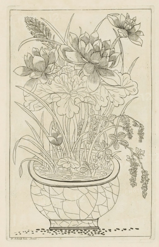 Vase with lotus flowers, Chinese women, flowers and birds, print, album page, ornamental print, Series number, 9, 12, Print is part of an album., printmaker: Pieter Schenk (II) (possibly), Amsterdam, after print by anonymous (possibly), 1727 - 1775, after print by, paper, etching, height 255 mm x width 164 mm, Chinese, flowers in a vase, flowers: lotus, A tall decorative vase with a cracked pattern holds water and a dense arrangement of plants and flowers, including large layered blossoms with many rounded petals, elongated buds, broad lobed leaves, tall slender stems, arching grasslike leaves, and drooping clusters of small rounded flowers; the vase sits on a flat surface with scattered small dots beneath, and the entire scene is rendered as a fine line drawing within a simple rectangular border.