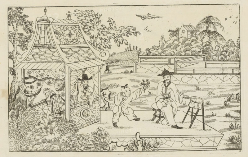 Chinese drummer on a platform in a landscape, Newly invented Chinese, drawn with great difficulty and brought into the light, by P: Schenk Jun, first part, print, album page, ornamental print, Series number, 2, 24, A Chinese man beats a drum or gong on a platform in a landscape. Next to them a small boy with flowers. On the left two figures under a canopy. Print is part of an album., printmaker: Pieter Schenk (II), Amsterdam, 1727 - 1775, paper, etching, height 166 mm x width 265 mm, landscapes in the temperate zone, Chinese, drum (musical instrument) - CC - out of doors, A detailed ink drawing shows an ornate pavilion with a patterned roof and scalloped eaves, draped curtains decorated with floral motifs, and a seated figure wearing a tall hat visible inside the pavilion. Outside, a young person in loose clothing reaches forward offering a small object toward an older seated man who wears flowing robes, a wide-brimmed hat, and a sash, and who rests one hand on a small drum set on a st...
