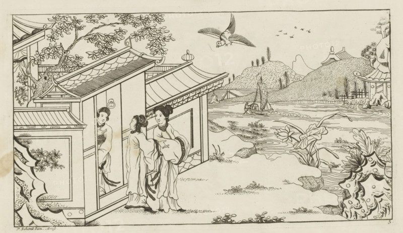 Landscape with three Chinese women at the doorway of a house, Newly invented Chinese, drawn with great difficulty and brought into the light, by P: Schenk Jun, first part, print, album page, ornamental print, Series number, 3, 24, Landscape with three Chinese women at the doorway of a house. On the right a river with a sailing ship and a lotus flower on the bank. Print is part of an album., printmaker: Pieter Schenk (II), Amsterdam, 1727 - 1775, paper, etching, height 146 mm x width 255 mm, landscapes in the temperate zone, river, Chinese (women), A black and white line drawing shows a pavilion with curved tiled roofs and decorative eaves beside a body of water, a tree with leaves extending over the roof, and three women in flowing robes near the pavilion doorway, two standing outside facing each other and one leaning from inside the building; a bird is flying above the water where a small sailboat drifts, hills with vegetation rise in the background, and foreground plants and rocks ed...