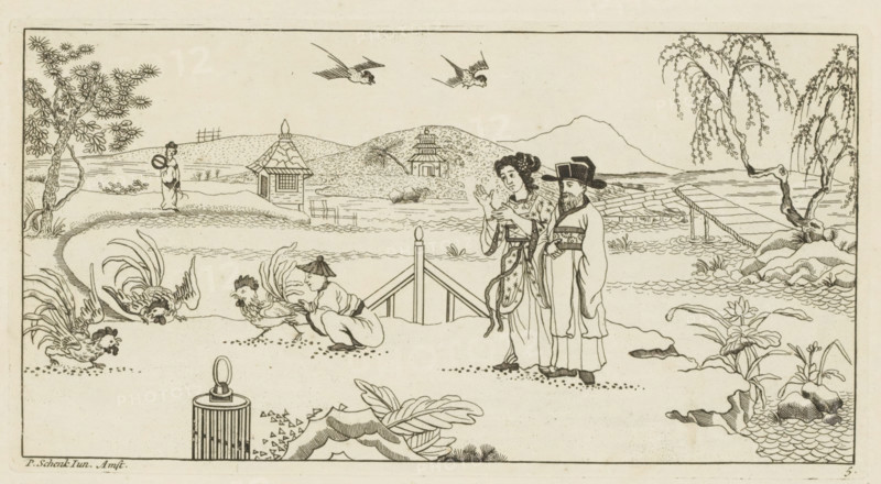 Landscape with spectators at a cockfight, Newly invented Chinese, drawn with great difficulty and published, by P: Schenk Jun, first part, print, album page, ornamental print, Series number, 5, 24, A Chinese man and woman look at three roosters. A crouching figure holds one of the roosters. Two birds in the air. Print is part of an album., printmaker: Pieter Schenk (II), Amsterdam, 1727 - 1775, paper, etching, height 145 mm x width 275 mm, landscapes in the temperate zone, Chinese, cock-fighting, A horizontal ink drawing shows a riverbank scene with two people standing together in traditional robes near a simple wooden railing, a man wearing a hat and a woman with an ornate hair arrangement and patterned clothing gesturing with her hands; nearby a crouching figure wearing a conical hat tends to a rooster while additional roosters peck at the ground; a winding path leads past a small pavilion and a distant multi-tiered building on a hill, with birds flying overhead; trees with detailed ...