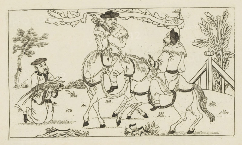 Chinese landscape with two horsemen, Newly invented Chinese, drawn with great difficulty and brought to light, by P: Schenk Jun, first part, print, album page, ornamental print, Series number, 7, 24, Two horsemen, the man on the left with a bird on his hand, the man on the right with a banner. On the left a kneeling man with two birds in his arms. Print is part of an album., printmaker: Pieter Schenk (II), Amsterdam, 1727 - 1775, paper, etching, height 146 mm x width 254 mm, Chinese, riding a horse, ass, or mule, rider, horseman, fowling, fowler, A black ink line drawing shows three men and two horses in a framed scene. One man kneels on the left holding a long-tailed bird; he wears a rounded hat and a robe with wide sleeves. In the center a mounted man in a fur-trimmed garment and a rounded hat holds a bird on his gloved hand while sitting astride a horse with a decorated bridle. To the right a bearded man in a fur-trimmed coat and a rounded hat rides a second horse and gestures with ...