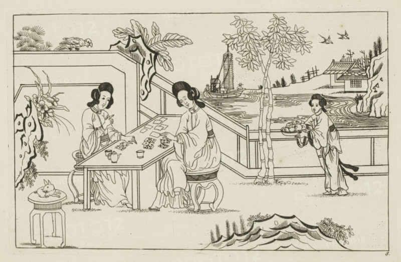Landscape with two Chinese women playing a card game, New invented Chinese, drawn with great difficulty and brought into the light, by P: Schenk Jun, first part, print, album page, ornamental print, Series number, 8, 24, Landscape with two Chinese women playing a card game. On the right a woman with a loaded tray. On the left a table on which an animal lies. Print is part of an album., printmaker: Pieter Schenk (II), Amsterdam, 1727 - 1775, paper, etching, height 165 mm x width 262 mm, landscapes in the temperate zone, playing-cards, Chinese (women), A black and white line drawing shows an outdoor scene with two seated women at a rectangular table playing a card game, one woman reaching toward the cards and the other holding a small object, both wearing flowing robes and seated on stools. To the right, a standing woman in similar attire holds a shallow tray of round objects and stands by a railing overlooking rippling water. A boat with a tall sail and small figures is on the water in ...