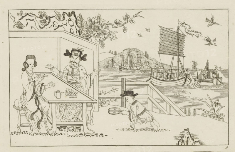 Landscape with a man and a woman drinking tea, Newly invented Chinese, drawn with great difficulty and published, by P: Schenk Jun, first part, print, album page, ornamental print, Series number, 9, 24, Landscape with a man and a woman drinking tea at a table on the left. A kneeling servant on the left. Ships on the water in the background. Print is part of an album., printmaker: Pieter Schenk (II), Amsterdam, 1727 - 1775, paper, etching, height 166 mm x width 261 mm, landscapes in the temperate zone, Chinese, tea-ceremony - CC - out of doors, A line drawing shows a scene with a seated woman and a seated man at a table on a covered porch, the woman holding a small cup and the man extending his hand with a cup toward her; the table holds a small pitcher and a basket of round objects. A kneeling figure in front of the porch holds a pair of round objects on a flat implement while another person peeks from behind a post. Beyond the porch is a waterfront with several sailboats and larger sh...