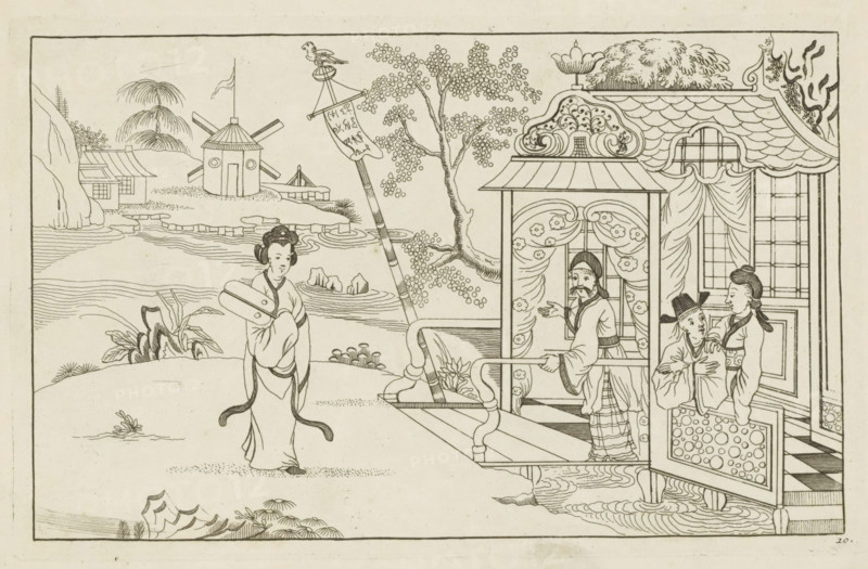 Landscape with a Chinese lady, Newly invented Chinese, drawn with great difficulty and brought to light, by P: Schenk Jun, first part, print, album page, ornamental print, Series number, 10, 24, Chinese lady stands on the left with a fan in her hands in a landscape. On the right, three figures in a building on stilts in the water. Print is part of an album., printmaker: Pieter Schenk (II), Amsterdam, 1727 - 1775, paper, etching, height 167 mm x width 260 mm, Chinese, water course, A monochrome line drawing shows an outdoor scene with a riverside and architectural pavilion. In the foreground a woman in traditional dress stands on a path holding a flat rectangular object against her chest, her hair styled in an updo with side buns and long ribbons hanging from her garment. To the right a covered porch with patterned curtains and floral decorations contains a bearded man wearing layered clothing who gestures outward from the railing, and adjacent to him two figures stand inside a room, on...