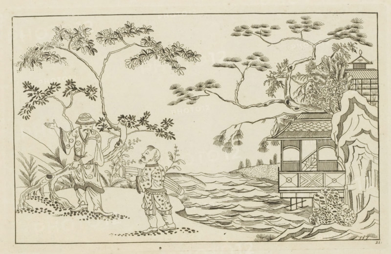 Two Chinese men in a landscape, Newly invented Chinese, drawn with great difficulty and brought to light, by P: Schenk Jun, first part, print, album page, ornamental print, Series number, 11, 24, Left two Chinese men in a landscape. In the middle a river. Right a building. Print is part of an album., printmaker: Pieter Schenk (II), Amsterdam, 1727 - 1775, paper, etching, height 165 mm x width 260 mm, Chinese, water course, A monochrome line drawing shows two figures standing on a shoreline near a body of water, one figure facing forward with an outstretched arm and wearing a patterned robe and a hat, the other viewed from behind holding a cylindrical object and wearing patterned clothing; a twisted tree with leafy branches rises behind them and extends across the scene toward the right, where a multi-level pavilion with a tiled roof stands near the water supported by posts and partially framed by rocky outcrops and dense foliage; stylized waves fill the water, and additional trees and ...