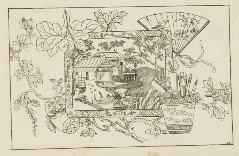 Still life of Chinese objects and scenes, New invented Chinese, drawn with great difficulty and brought into the light, by P: Schenk Jun, first part, print, album page, ornamental print, Series number, 12, 24, Still life of objects and scenes. In the center a painting or (that?) page with a scene of a Chinese landscape. Beside it a holder with writing and drawing implements. Surrounding floral ornaments and in the upper right a fan. Print is part of an album., printmaker: Pieter Schenk (II), Amsterdam, 1727 - 1775, paper, etching, height 170 mm x width 261 mm, Chinese, fan, A rectangular framed drawing shows a stylized landscape with a house featuring sloped roofs, a porch, and lattice windows surrounded by trees and foliage, a rocky mound and a small body of water in the foreground, and decorative floral borders around the frame; to the right of the frame there is a folded fan with a small bird perched on its edge and flowing ribbons, and below the fan a patterned cup holds brushes an...