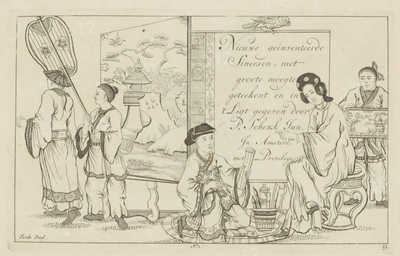 Chinese draftsman and other Chinese figures, New invented Chinese drawn with great difficulty and brought to light, by P. Schenk Jun, second part, print, album page, ornamental print, title page, Series number, 13, 24, A Chinese draftsman is kneeling on the ground with a pen and a roll of paper in his hands. Opposite him sits a Chinese woman on a stool. Numbered at the bottom center: 2. Print is part of an album., printmaker: Pieter Schenk (II), Amsterdam, 1727 - 1775, unknown, grantor of privilege, paper, etching, height 164 mm x width 262 mm, Chinese, tools, implements of draughtsman, A black and white line drawing shows several people in traditional dress arranged around a decorative screen and a framed panel; on the left two standing figures face away and hold a large fan and a pole, one wearing layered robes with patterned cuffs and a sash and the other wearing a simpler robe and hair tied back, both with patterned shoes. In the center a seated person in ornate clothing and a hat ...