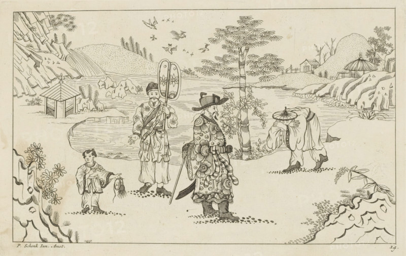 Four Chinese figures in a landscape, New invented Chinese drawn with great difficulty and brought into the light, by P. Schenk Jun, second part, print, album page, ornamental print, Series number, 14, 24, Four Chinese figures in a landscape with water in the background. On the left a child. In the middle two richly dressed Chinese men. On the right a man bowing. Print is part of an album., printmaker: Pieter Schenk (II), Amsterdam, 1727 - 1775, paper, etching, height 165 mm x width 265 mm, landscapes in the temperate zone, Chinese (men), A monochrome line drawing shows a lakeside landscape with rocky shores, rolling hills, and a small pavilion near the water. Several stylized trees and clusters of plants dot the scene, and birds are drawn flying above the distant hills. In the foreground four figures in decorative garments stand or walk on a sandy shoreline; one figure wears a patterned robe and a tall hat and holds a slender staff, another carries an ornate double paddle with floral m...