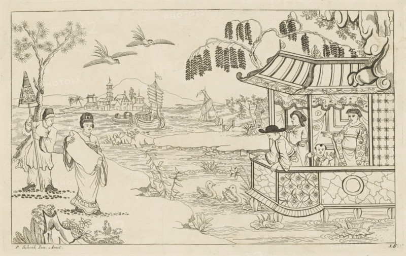 Chinese lady with document in landscape, New invented Chinese drawn and illuminated with great difficulty, by P. Schenk Jun, second part, print, album page, ornamental print, Series number, 18, 24, A Chinese lady stands on the left with a document in her hands in a landscape. Behind her a servant with a parasol. On the right four figures in a building on stilts in the water. In the background ships. Print is part of an album., printmaker: Pieter Schenk (II), Amsterdam, 1727 - 1775, paper, etching, height 164 mm x width 262 mm, Chinese, water course, A wide ink drawing shows a riverside scene with a pavilion on the right featuring an ornate roof, patterned panels, hanging drapery, and figures looking toward the water; a seated child and standing adults appear on the pavilion terrace while another person leans on the railing. In the left foreground a robed woman walks along the shore while a man nearby holds a decorative parasol; trees with spindly leaves frame the shore. In the middle d...