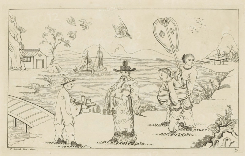 Chinese gentleman receiving tea from a servant in a landscape, New invented Chinese drawn with great difficulty and brought into the light, by P. Schenk Jun, second part, print, album page, ornamental print, Series number, 19, 24, Landscape with a Chinese gentleman being offered tea on a tray by a servant. Behind the gentleman are two women, one with a parasol. In the background, two sailing ships on the water. Print is part of an album., printmaker: Pieter Schenk (II), Amsterdam, 1727 - 1775, paper, etching, height 162 mm x width 261 mm, Chinese, water course, tea-ceremony - CC - out of doors, A line drawing shows a waterside scene with a bridge at the left leading to a shoreline with a small building and rocky trees. Boats with sails float on rippling water in the middle distance beneath a range of low hills. Five birds fly above the water. In the foreground four figures stand on the bank: one wearing patterned robes and a tall hat with facial hair, another facing him holding a tray ...