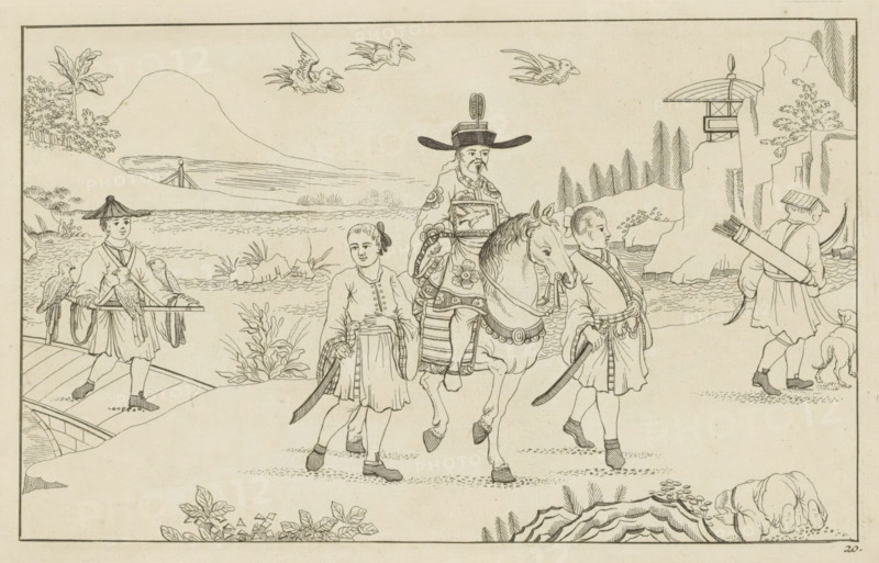 Chinese gentleman on horseback hunting birds, New invented Chinese figures drawn with great difficulty and brought to light, by P. Schenk Jun, second part, print, album page, ornamental print, Series number, 20, 24, Landscape with a Chinese gentleman on horseback, accompanied on either side by a servant. On the right, a hunter proceeds ahead with bow and arrow and a hunting dog. On the left, a man on a bridge with birds of prey on a cagie, a rectangular rack that can be carried to transport birds of prey in the field. Print is part of an album., printmaker: Pieter Schenk (II), Amsterdam, 1727 - 1775, paper, etching, height 167 mm x width 264 mm, Chinese, bird hunting, fowling, fowler, A line drawing shows a procession with a mounted figure wearing an ornate robe and a tall hat, holding reins of a decorated horse; two young attendants walk beside the horse, each wearing simple tunics and holding swords at their sides, one with a ribbon in the hair and another with a short haircut; a man...