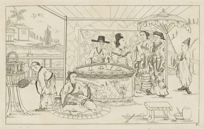Chinese figures around a tea table, New invented Chinese drawn with great difficulty and brought into the light, by P. Schenk Jun, second part, print, album page, ornamental print, Series number, 21, 24, Four Chinese figures around a table with a tea service. On the right a servant with a parasol. In the foreground a man seated on the ground smoking a pipe. Print is part of an album., printmaker: Pieter Schenk (II), Amsterdam, 1727 - 1775, paper, etching, height 164 mm x width 262 mm, landscapes in the temperate zone, Chinese, tea-ceremony - CC - out of doors, A detailed line drawing shows a group of people in traditional clothing arranged around a central low ornate table with cups and a teapot; a seated woman lounges on a round mat with patterned robes and a pipe, while another figure kneels nearby fanning a brazier emitting smoke. Behind the table, three standing figures in decorated garments cluster together, one holding an instrument and another wearing a broad hat, with a pattern...