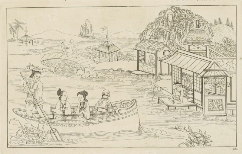 Chinese river landscape with four figures in a boat, New invented Chinese drawn with great difficulty and brought into the light, by P. Schenk Jun, second part, print, album page, ornamental print, Series number, 22, 24, Chinese river landscape with four figures in a boat. On the right, on a jetty, an angler. Print is part of an album., printmaker: Pieter Schenk (II), Amsterdam, 1727 - 1775, paper, etching, height 167 mm x width 265 mm, Chinese, angling, rowing-boat, canoe, river, A detailed ink line drawing shows a riverside scene with a wooden boat carrying several seated figures and a standing person using a long pole, ornate hull decoration visible along the boat's side; nearby water plants and a paddle rest in the water. Along the shore there are stilted pavilions and a covered dock with a seated figure holding a pole, decorative roof tiles and lattice panels on the buildings, and a small enclosed structure with patterned panels. In the background a willow tree with drooping branc...