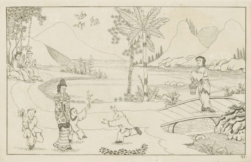 Chinese landscape with playing children, New invented Chinese drawn with great difficulty and published, by P. Schenk Jun, second part, print, album page, ornamental print, Series number, 23, 24, Chinese landscape with a woman and three playing children. On the right a woman on a bridge. Print is part of an album., printmaker: Pieter Schenk (II), Amsterdam, 1727 - 1775, paper, etching, height 168 mm x width 265 mm, landscapes in the temperate zone, Chinese, children's games and plays, landscape with bridge, viaduct or aqueduct, A wide ink drawing shows a river landscape with distant rounded mountains and rocky shorelines, framed by trees and plants including a tall palm-like tree near the center; a boat rests partially on the shore at the lower right beside a stone outcropping and rippling water; along the riverbank a standing woman holds a basket and looks toward the scene while a group of children and a woman in patterned robes occupy the foreground, with one child holding a flower a...