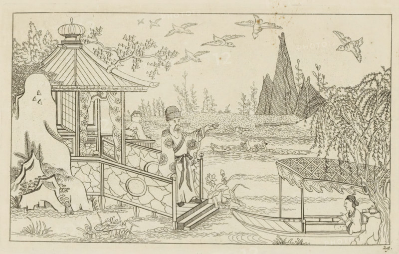 Chinese gentleman on a jetty by the water, New invented Chinese figures drawn with great difficulty and brought to light, by P. Schenk Jun, second part, print, album page, ornamental print, Series number, 24, A Chinese gentleman stands on a jetty in front of a pavilion by the water. A boat with a canopy is approaching from the right. Print is part of an album., printmaker: Pieter Schenk (II), Amsterdam, 1727 - 1775, paper, etching, height 163 mm x width 261 mm, landscapes in the temperate zone, Chinese, rowing-boat, canoe, A detailed ink drawing shows a riverside pavilion with a domed roof and floral curtains, connected by a short staircase and balustrade to a dock where a robed man with a tall hat stands gesturing toward the water; another figure sits inside the pavilion looking outward. A covered boat with a patterned canopy holds a seated person near the shore while a standing figure waits on the bank. Ducks swim in the water and birds fly overhead. Rocky outcrops and stylized plant...
