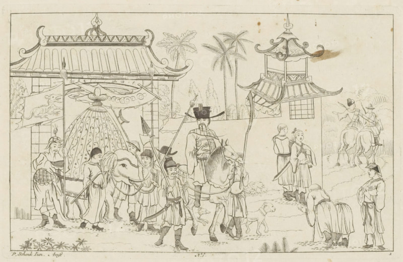 Chinese prince proceeds in procession through a gate, Chinese hunting scenes, Newly invented Chinese, drawn with great difficulty and published, by P: Schenk Jun, third part, print, album page, ornamental print, Series number, 1, 12, A Chinese prince or lord proceeds on horseback in procession through a gate. An elephant is being led behind him. On the right, people bow before the man on horseback. Numbered at the bottom center: 6. Print is part of an album., printmaker: Pieter Schenk (II), Amsterdam, 1727 - 1775, paper, etching, height 162 mm x width 255 mm, Chinese, trunked animals: elephant, triumphal entry and public reception, pageant, 'entrée solennelle', 'joyeuse entrée', A detailed black and white line drawing shows a procession scene with ornate pagoda-style roofs and decorative banners at the top, palm-like trees rising behind them, and a group of people and animals in the foreground. Several figures wear traditional robes and hats, some carrying long poles with small flags o...