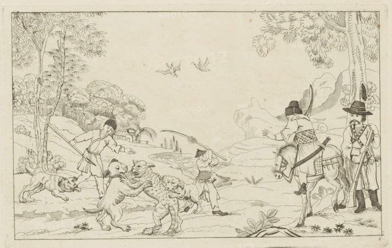 Landscape with dogs hunting a wild animal, Chinese hunting scenes, Newly invented Chinese, drawn with great difficulty and published, by P: Schenk Jun, third part, print, album page, ornamental print, Series number, 2, 12, A wild animal is being attacked by hunting dogs. Standing nearby is a man with a spear. On the right a horseman and a standing man with a rifle. Print is part of an album., printmaker: Pieter Schenk (II), Amsterdam, 1727 - 1775, paper, etching, height 162 mm x width 254 mm, landscapes in the temperate zone, Chinese, hunting, chase, A wide pen-and-ink landscape scene framed by a thin border shows trees with detailed leaves on both sides and low rolling hills in the background, with two birds flying in the sky above. In the left foreground a young man in traditional clothing holds a long pole and reaches toward a pack of dogs and three humanlike figures with fur engaged in a struggle on the ground, while another dog leaps nearby. Toward the center a small figure with a...