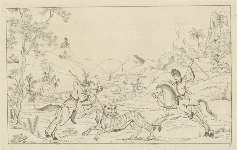 Landscape with a tiger hunt, Newly invented Chinese, drawn with great difficulty and published, by P: Schenk Jun, third part, Chinese hunting scenes, print, album page, ornamental print, Series number, 3, 12, Two Chinese men on horseback are hunting a tiger or panther. Print is part of an album., printmaker: Pieter Schenk (II), Amsterdam, 1727 - 1775, paper, etching, height 161 mm x width 255 mm, landscapes in the temperate zone, Chinese, hunting, chase, A detailed ink drawing shows a landscape with rolling hills, distant mountains, trees with clustered leaves, and a river or stream running through the scene. In the foreground two mounted figures face a large catlike animal that is rearing or lunging; one rider wears a tall rounded hat and raises a curved weapon while the other rider wears a broad brimmed hat and leans forward with a long pole. Horses are depicted with bridles and saddles, and the animal has pronounced stripes and an open mouth. Additional riders appear in the middle a...