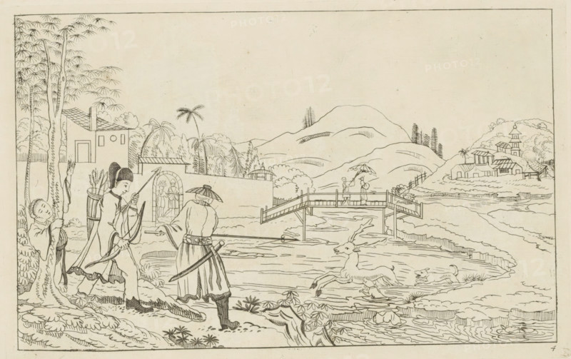 Chinese landscape with deer hunt, Chinese hunting scenes, Newly invented Chinese, drawn with great difficulty and published, by P: Schenk Jun, third part, print, album page, ornamental print, Series number, 4, 12, River landscape with a deer chased by hunting dogs. On the left bank a man with a spear and a man with a bow and arrow. Print is part of an album., printmaker: Pieter Schenk (II), Amsterdam, 1727 - 1775, paper, etching, height 167 mm x width 254 mm, landscapes in the temperate zone, Chinese, hunt, hoofed animals, A landscape drawing rendered in fine linework shows a riverside scene with rolling hills and clustered trees in the background, small buildings and a multi-tiered structure on a distant hill, and a wooden bridge spanning the water where two figures hold umbrellas. In the foreground three figures stand near the bank: one wearing a hat and carrying a sword and umbrella, another holding a bow with a quiver on the back and wearing a long robe, and a third partly hidden b...