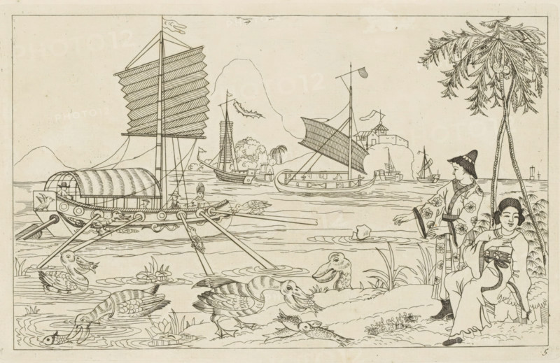 Chinese sailing ships in a bay and fish-eating waterbirds, Chinese hunting scenes, Newly invented Chinese, drawn with great difficulty and published, by P: Schenk Jun, third part, print, album page, ornamental print, Series number, 5, 12, Landscape with a sailing ship with oars on the water. In the foreground fish-eating waterbirds. On the right two figures under a palm tree. Print is part of an album., printmaker: Pieter Schenk (II), Amsterdam, 1727 - 1775, paper, etching, height 161 mm x width 255 mm, Chinese, sailing-ship, sailing-boat, water-birds, water course, A detailed line drawing shows a waterside scene with several boats on a calm body of water, including a large sailboat with a multi-panel sail and a covered cabin, smaller boats with angled sails and masts, and oars extending into the water; birds of various kinds appear on the shore and in the water, some wading, some swimming, and one catching a fish; two figures in patterned robes stand and sit beneath a tall palm tree w...