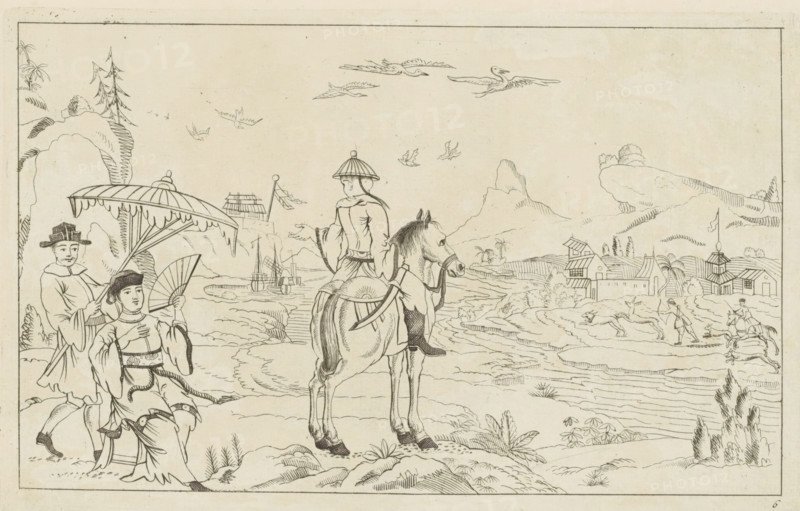 Rider and hunting scene in a Chinese landscape, Chinese hunting scenes, New invented Chinese, drawn with great difficulty and brought to light, by P: Schenk Jun, third part, print, album page, ornamental print, Series number, 6, 12, Landscape with a rider on the left and a figure with a fan under a parasol. A river flows through the landscape with a hunting scene on the opposite bank. Print is part of an album., printmaker: Pieter Schenk (II), Amsterdam, 1727 - 1775, paper, etching, height 162 mm x width 256 mm, Chinese, river, hunt, mammals, A monochrome line drawing shows a landscape with rolling ground, distant hills, and a body of water with small sailing boats. In the foreground a person wearing flowing robes and a conical hat sits astride a horse facing away, the horse shown in detail with visible mane and bridle. To the left a seated figure holds an open folding fan while another figure stands behind holding a large fringed umbrella over them; both wear period clothing and hats....