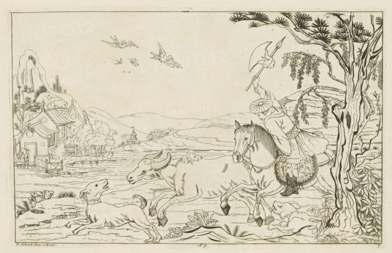 Chinese landscape with bull hunt, Newly invented Chinese, drawn with great difficulty and published, by P: Schenk Jun, third part, Chinese hunting scenes, print, album page, ornamental print, Series number, 7, 12, In a landscape, a man seated on a horse with an axe in his hand is hunting a bull. Numbered at the bottom center: 5. Print is part of an album., printmaker: Pieter Schenk (II), Amsterdam, 1727 - 1775, paper, etching, height 161 mm x width 252 mm, landscapes in the temperate zone, Chinese, hunt, mammals, A landscape scene rendered in fine linework shows a rider on a saddled horse raising a long pole tipped with a curved blade while wearing a turban and flowing garments; the horse moves forward with a visible bridle and decorative saddle. Nearby a large horned bovine lies on the ground and a dog with a collar is depicted in a reclining posture facing the bovine. In the background a cluster of buildings with curved roofs sits among trees and low hills, with a small towerlike str...