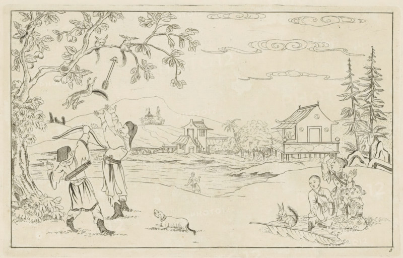 Chinese landscape with squirrel hunt, Chinese hunting scenes, New invented Chinese, drawn with great difficulty and published, by P: Schenk Jun, third part, print, album page, ornamental print, Series number, 8, 12, Chinese landscape with men hunting squirrels. Print is part of an album., printmaker: Pieter Schenk (II), Amsterdam, 1727 - 1775, paper, etching, height 162 mm x width 255 mm, landscapes in the temperate zone, Chinese, rodents: squirrel, hunt, mammals, A wide ink drawing shows a riverside scene with leafy trees framing the edges and stylized clouds in the sky; a branch extends from the left with small animals perched on it and another animal falling toward the ground; two standing figures near the left hold a bow and reach upward while a dog-like animal lies on the ground nearby; across the water there are low hills with clustered buildings including a pavilion on stilts and a house with a tiled roof, and a small figure stands on the far bank waving; on the right a group of...
